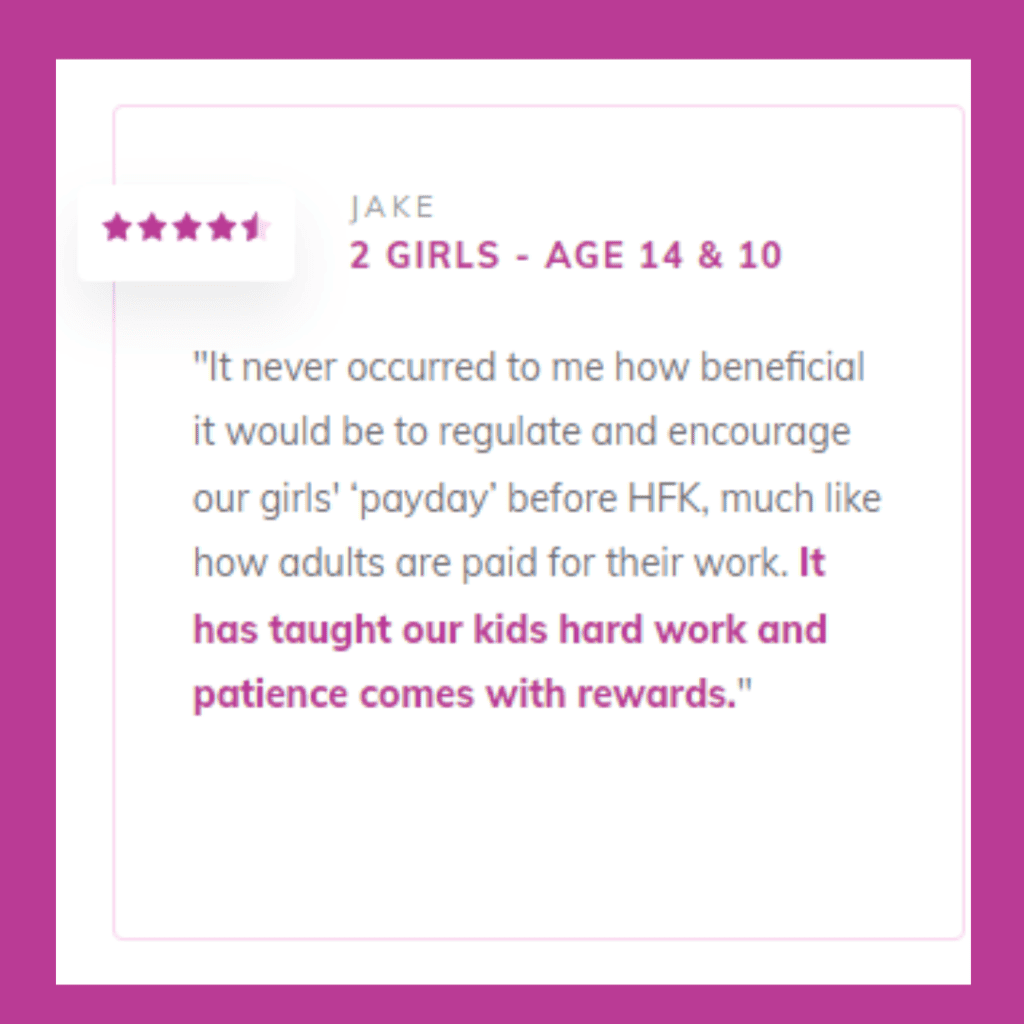 Hire and Fire Your Kids 5-Star Customer Testimonial with some of text written in HFK's signature purple brand colour